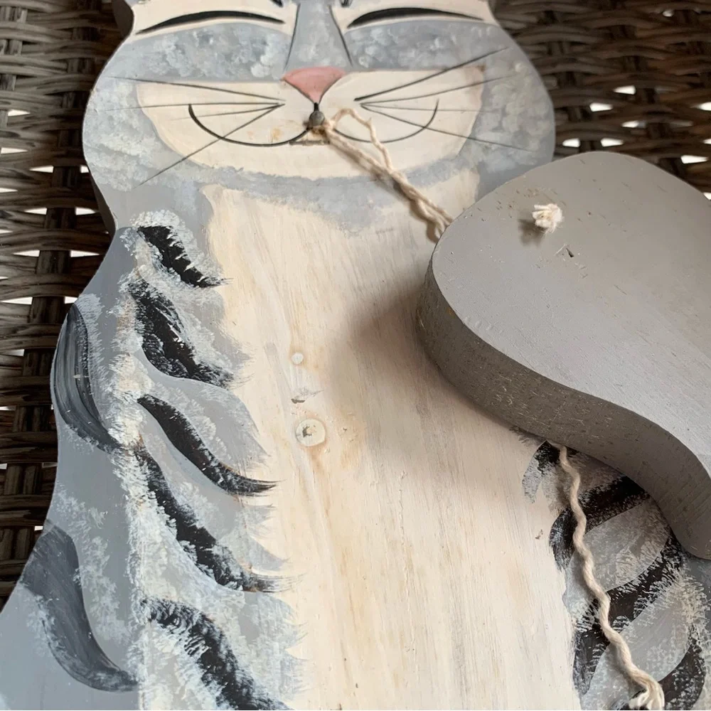 Vintage 90s Kitty Cat & Mouse Wall Hanger Handmade Wooden Folk Country Cottage